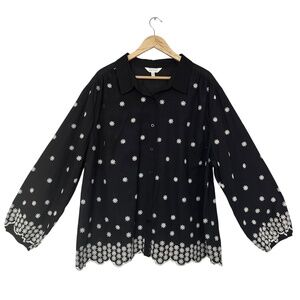 Adiva button up Cotton black Top blouse Womens Size 3X embroidered peasant boho